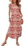 MISFAY Women 2024 Summer Casual Ruffle Sleeve Dress Beach Cover Up Long Maxi Dresses with Pocket,New Paisley Red,L