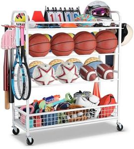 EXTCCT Garage Sports Equipment Organizer - Rolling Ball Storage Bin with Wheels, Garage Sports Gear Rack Outdoor Basketball Racks for Balls with Baseball Bat Holder and Hooks, Toy Organizer(White)