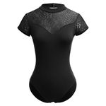 IDOPIP Ballet Leotards for Women Adult Turtleneck Floral Lace Short Sleeve Dance Leotard with Bra Elegant Backless Gymnastics Leotards Dance Ballet Tank Ballerina Costume Dancewear Black S