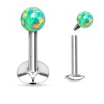 Gekko Body Jewellery Internally Thread Green Opal Ball Labret Lip Tragus Bar Piercing Surgical Steel 1.2mm x 10mm