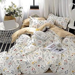 Boho Floral Bedding Set Yellow Flower Duvet Cover Blue Red Blossom Comforter Cover Botanical Country Garden Leaf Branch Quilt Cover for Kids Girls boys Women Room Decor Double Size,White Brown