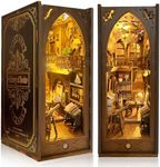 Book Nook Kit, MOJINO DIY Miniature 3D Puzzle Wooden Bookends Dollhouse with LED Lights for Bookshelf Decor, Tiny Miniverse Model House Art Craft for Adults Gril Halloween Christmas Decoration GIF