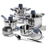 T-FAL Essentials Stainless Steel Cookware Set 12 Piece, Induction Compatible, Oven Safe 350F, Cooking Set w/Stewpots, Stockpot, Saucepan, Lids & Tools, Measuring Marks, Dishwasher Safe, Silver/Blue
