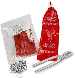 The Sausage Maker - Summer Sausage Casing Kit, Tied and Looped, 61mm (2.4”) Dia. x 12” Red Fibrous Deer Print Casings (20ct) with Sausage Pliers and Casing Rings