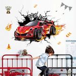 decalmile 3D Racing Cars Wall Decals Red Cars Flags Wall Stickers Boys Bedroom Kids Room Playroom Wall Decor