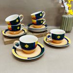 THEARTISANEMPORIUM Boho Fiesta Ceramic Cup and Saucer Set of 6, Tea Cup Set of 6 Cups and 6 Saucers for Tea, Coffee, Hot Drinks(12 Pieces, 150ml, Microwave Safe)