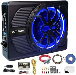 FOLTUSYMY 10" 800W Powered Car Subwoofer, 2024 Slim Under Seat Car Subwoofer Powered, High/Low Level Input, Car/Truck Audio Sub Built in Amplifier with Blue LED Ambient Light