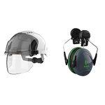 JSP EVO VISTAshield Safety Helmet with Integrated Faceshield - Vented - White/Smoke & Sonis 1 Helmet Mounted Ear Defenders - SNR 26 - (AEB010-0CY-800), Grey/Green,One Size