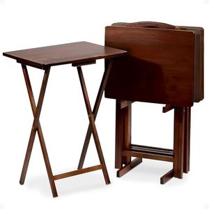 PJ Wood 5 Piece Set, 4 Folding Wooden TV Tray Snack Tables with Storage Rack, Walnut