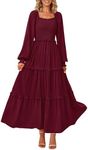 PRETTYGARDEN Women's Smocked Maxi Dress Casual Long Sleeve Square Neck Tiered A Line Flowy Dresses with Pockets (Dark Wine Red,Small)