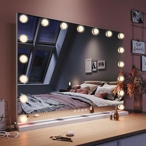 ELEGANT Hollywood Mirror 3 Color Light Vanity Mirror 17 LED Bulbs Beauty Cosmetic Makeup Mirror Dimmable LED Mirror Tabletop Vanity Mirror Lights with 10X Magnification 80x60cm Beauty Mirror