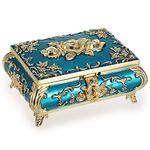 SUMNACON Vintage Metal Small Jewelry Box Trinket Box with Gold Flower Pattern, Retro Trinket Storage Organzier Box Jewelry Holder Box for Rings Earrings Necklace, Light Blue (Size L)