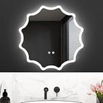 COSTWAY LED Bathroom Mirror, 600x600mm Waved Round Illuminated Wall Mounted Vanity Mirror with 3-Color Dimmable Lights and Smart Touch Switch, Anti-Fog Large Hanging Wall Makeup Mirror, IP54 Dustproof