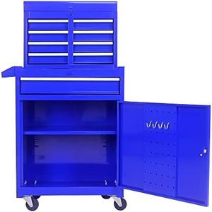 pouseayar 5 Drawer Rolling Tool Box, Top Cabinet Snapped to Bottom Tool Box Tool Storage Cabinet, Tool Organizer with Wheels and an Adjustable Shelf for Garage, Workshop, Home Tool Storage - Blue