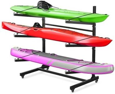 GarveeLife Kayak Storage Rack for 4 Kayaks Freestanding Kayak Rack for Outdoor Storage with Movable Wheels, Heavy-Duty Steel Kayak Hanger Holder with Hanging Straps (3 Kayaks,Freestanding)