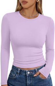 Trendy Queen Womens Long Sleeve Shirts Basic Crop Tops Tight Slim Fit Cute Teen Girls Fall Winter Y2k Clothes Purple XL