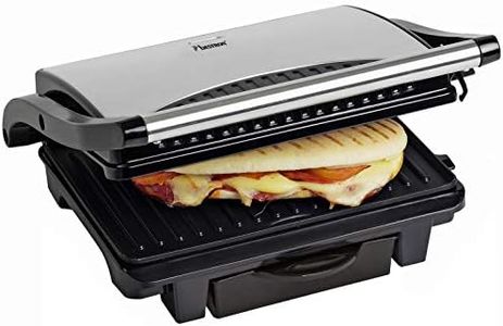 Bestron ASW113S Electric Contact Grill with Crumb Tray, Sandwich Maker with Cool Touch Handle and Non-Stick Coating, Panini Maker with 1000 Watt, Colour: Silver/Black