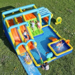 Roygym Inflatable Water Park with Dual Water Slides, 16.4FT Extended Slip and Slide & Climbing Wall, Large Backyard Water Slide with 750W Blower for Kids
