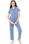 ZEYO Women's Cotton Heart Printed Stylish Night Suit Set of Shirt & Pyjama 5612 Blue