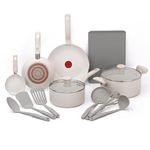 T-fal Culinaire Beige 14-Piece ProGlide Non Stick Interior, Pots and Pans Cookware Set with Lids, Baking Cookie Sheets Included, Thermo-Spot Heat Indicator, Dishwasher & Oven Safe, Kitchen Set, Beige