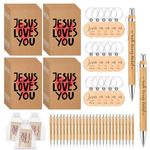 Tenceur 50 Sets Christian Gift Bulk Include Jesus Loves You Sign Inspirational Prayer Notepad Bible Bamboo Pen Religious Keychain with Organza Bags Church Party Favors for Sunday School