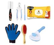 Foodie Puppies Grooming Kit for Dogs - (Grooming Bliss Kit - 6in1) | Nail Cutter, Oval Slicker, 2Side Comb, Massage Glove, 2-Side Soft Brush & Fresh Lemon Wipes (100Pc) | Keep Your Pet Well-Groomed