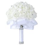 Wedding Bride Bouquet Holding flowers Crystal Diamond Foam Roses Holding flowers with Beautiful Ribbon Bridal Bridesmaid Wedding Bouquet Artificial Silk Flowers Hand Holding (White)