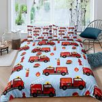 Fire Truck Duvet Cover Double Cartoon Kids Boys Firemen Car Bedding Set Vehicle Public Flame Emergency Aid Comforter Cover Fire Engine Red Construction Vehicle Firefighter Lorry Bedding,Blue