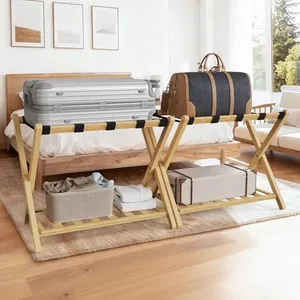 Grow Bou Luggage Rack Set of 2, Luggage Rack for Guest Room, Bedroom, Hotel - Natural Bamboo Suitcase Stand, Foldable with 2 Layers, up to 150 lbs - Fully Assembled Luggage Stand 2 Pack