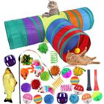 Cat Interactive Toys, Including Fluffy Mouse, 2 or 3 Way Hole Tunnel, Catnip Fish, Mice, Cat Teaser Wand, Toy Woven Springs, Colorful Crinkle Balls, and Bells for Indoor Cats Kitten