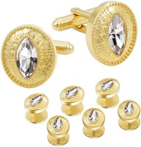 Tuxedo Studs and Cufflinks Set, Gold Cuff Links Mens and Tuxedo Shirt Buttons Suit Accessories Crystal Tux Studs for Shirt Formal Kit Business or Wedding