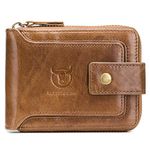 BULLCAPTAIN Genuine Leather Wallet for Men Large Capacity ID Window Card Case with Zip Coin Pocket QB-231 (Brown), Small