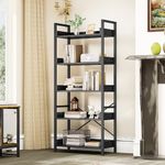 YITAHOME Bookcase 5 Tiers, Floor Standing Book Shelf, Wooden Shelf and Stable Steel Frame Shelving Units with 4 Hooks Industrial Storage Shelf for Living Room, Home Office, Black Bookshelf