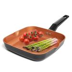 Moss & Stone Square Grill Pan For Indoor Cooking, 9.5In Frying Pan Copper Non-Stick Saute Fry Pan, Induction Copper Pan for Meats & Vegetables, Aluminum Griddle Nonstick Stove Top Grill Pan