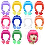 PLULON 20 Pieces Party Wigs and Sunglass Set, Neon Short Bob Wig Sunglass Pack Costume Colorful Cosplay Wig Daily Party Hairpieces for Bachelorette Neon Party Favors, Halloween and Decorations