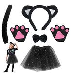 TSHAOUN 6 PCS Cat Costume Set Included Cat Ears Headband Bowtie Tail Cat Paw Gloves Black Tutu Animal Costume for Fancy Dress Up Cat Cosplay Halloween Birthday Carnival (Black)