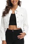 PEIQI Women’s White Cropped Jean Denim Jacket Button Down Long Sleeve with Pockets White Large