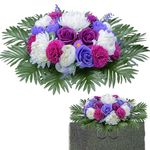 AOFOX Artificial Cemetery Flowers, Headstone Flower Saddle for Grave, Purple Rose and White Peony Flowers Saddle for Headstone Tombstone Decoration (1 Saddle)