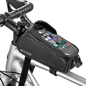 WOTOW Bike Frame Bag with Phone Holder, Waterproof Bicycle Front Top Tube Pouch Bike Phone Mount Pack Cycling Handlebar Bag with TPU Touch Screen Sun Visor and Headphone Hole for Smart Phone Up to 6.5