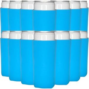 TahoeBay Slim Can Cooler Sleeves (50-Pack) Skinny Tall Cans 12 Oz Bulk Thin Seltzer Fit Sublimation Blanks for Vinyl Plain Blank Foam Beer Bottles Black White Assorted Solid Set (Neon Blue)