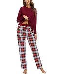 Uniexcosm Women's Pyjama Sets Cotton Checked Loungewear Set Long Sleeve Cotton Top and Pants Sleepwear for Ladies Wine Red