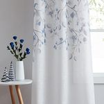 Central Park Leaf Floral Print Metallic Sheer Linen Window Curtain Panel for Rustic Living Room/Bedroom Sparkling Decorative 6 Grommets Top Drape Panels Farmhouse Curtains, Navy Blue,40" x 84"x2, 2 PK