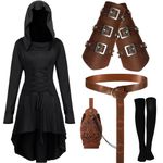 Suhine 5 Pcs Halloween Renaissance Women Costume Medieval Hooded Robe Vintage Faux Leather Arm Pouch Belt(Black, XX-Large)