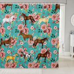 Horse Shower Curtain, Retro Floral Horse Bath Curtain For Girls Kids Boys, Galloping Horse Farm Animal Horse Gifts Curtain For Women Men, Cowboy Cowgirls Shower Curtain, Green Teal 72" W x 72" L