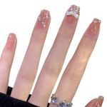 Secret Lives Premium Stick on Nails | Nude Color with White Pearls & Silver Glitter and 3D Bow Luxury Reusable Women's Designer 24pcs Set with Kit