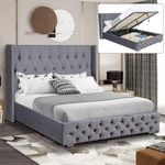 Ottoman Bed Frame Gas Lift Up Bed Upholstered King Size Bed Frame, Wooden Slats Space Saving Bed Frame UKFR Velvet Bed Frame With Storage, 5ft Dark Grey King Size Bed Frame No Mattress