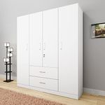 VIKI Wardrobe | Wooden Almirah for Clothes,Door for Bedroom, 4 Door Wardrobe with Drawer & Hanging Space (Frosty White - 40D x 160W x 180H) | 1 Year Warranty | Free Assembly