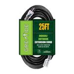 GREATIDE 25 Ft Lighted Outdoor Extension Cord for Christmas Decorations- 12/3 SJTW Heavy Duty Black Extension Cable with 3 Prong Grounded Plug - 15 Amp Power Cord for Lawn, Garden, Appliances