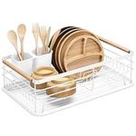 Navaris Dish Drainer Rack - Plate, Silverware, Pots and Pans Drying Rack for Kitchen with Beechwood Handles - Modern Retro Design Drip Tray - White