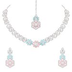 Atasi International Silver Plated Mint Pink and Blue Crystals AD Diamond Necklace Jewellery Set for Women, Girls for Wedding, Festive, Party, Ocassion Wear (RPB5870)